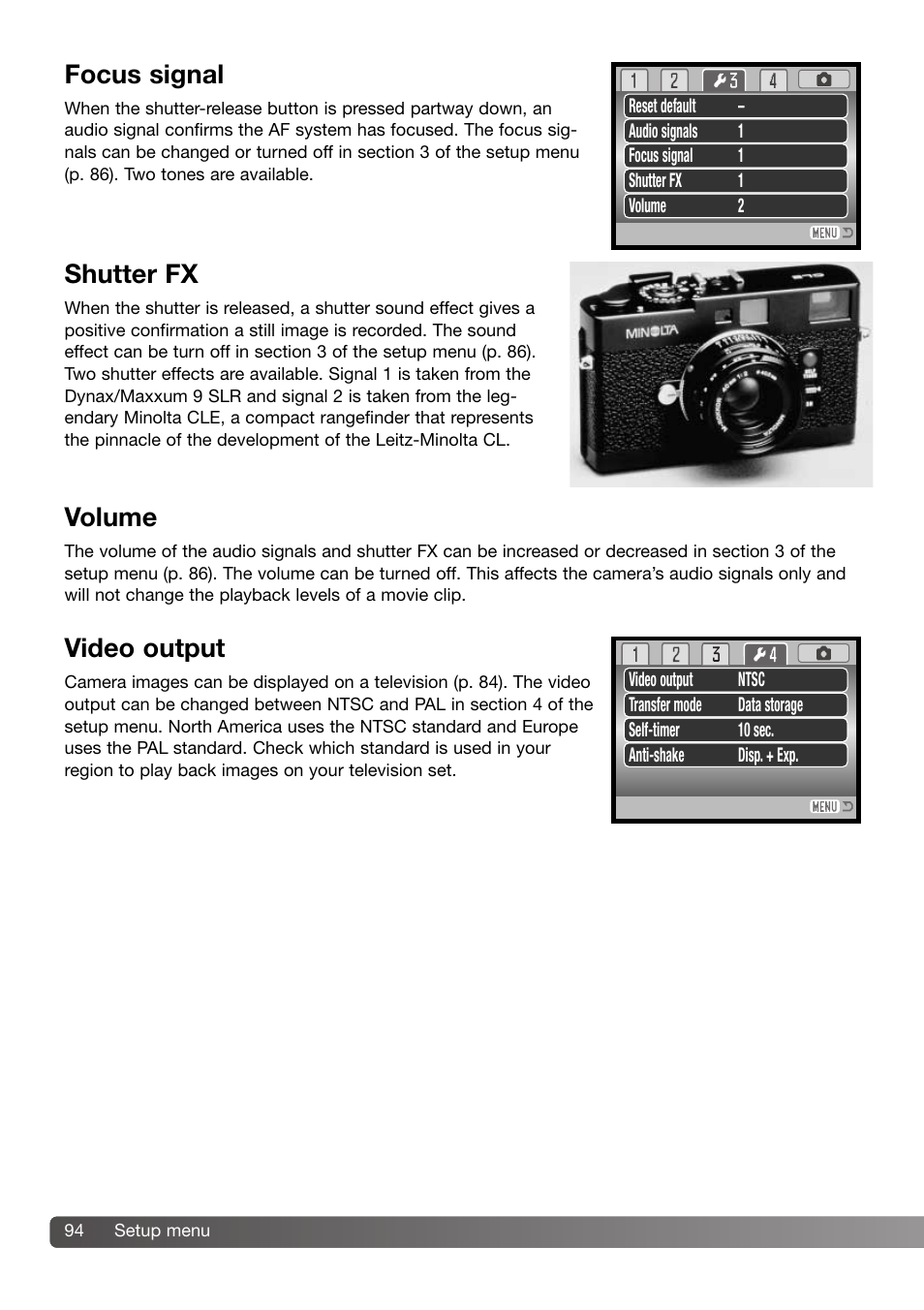 Focus signal shutter fx volume video output, Video output, Shutter fx | Volume, Focus signal | Konica Minolta DiMAGE Z3 User Manual | Page 94 / 124