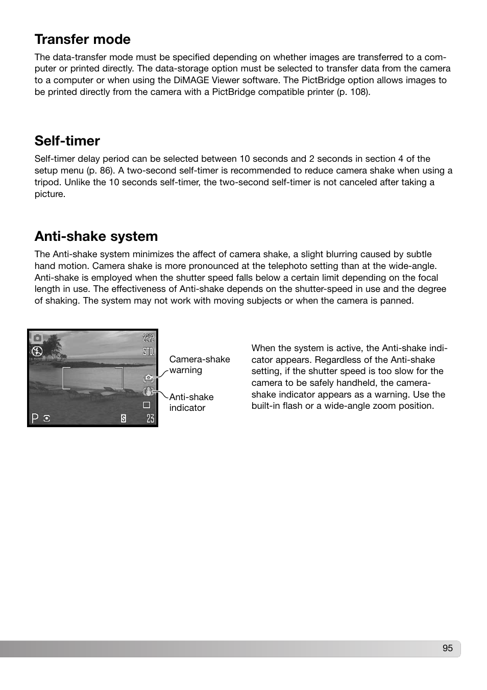 Transfer mode self-timer anti-shake system, Transfer mode, Self-timer | Anti-shake system | Konica Minolta DiMAGE Z3 User Manual | Page 95 / 124