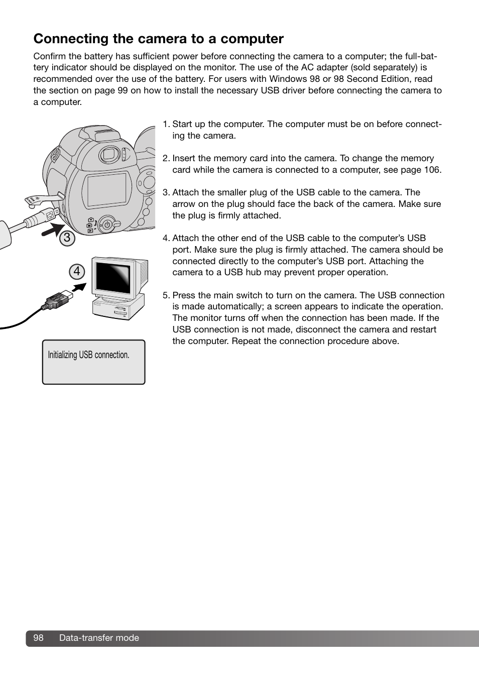 Connecting the camera to a computer | Konica Minolta DiMAGE Z3 User Manual | Page 98 / 124