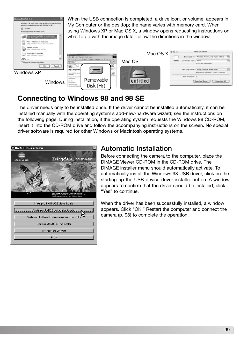 Connecting to windows 98 and 98se, Automatic installation, Connecting to windows 98 and 98 se | Konica Minolta DiMAGE Z3 User Manual | Page 99 / 124