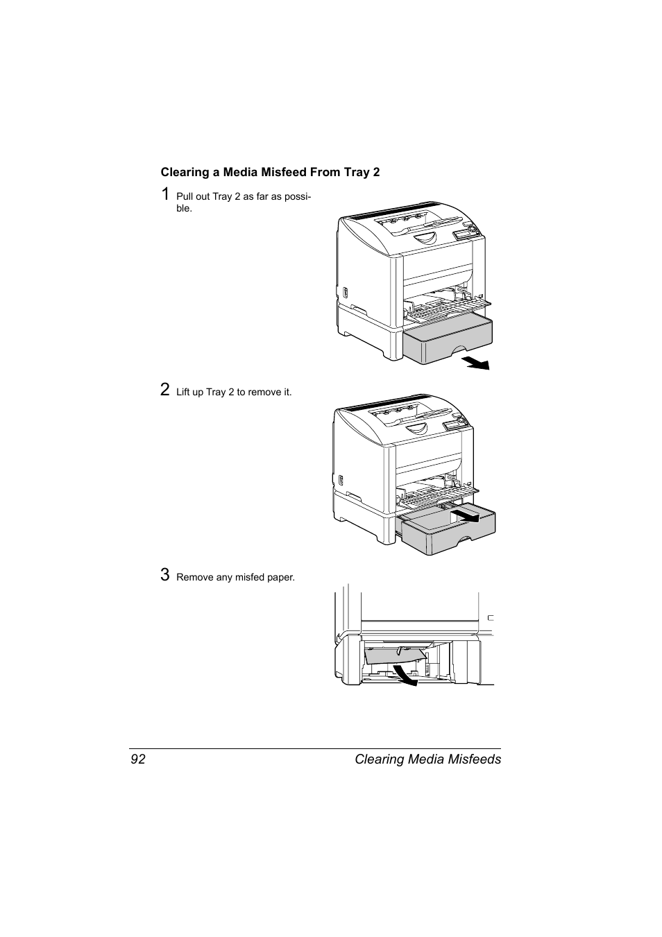 Clearing a media misfeed from tray 2, Clearing a media misfeed from tray 2 92 | Konica Minolta Magicolor 2430DL User Manual | Page 100 / 144