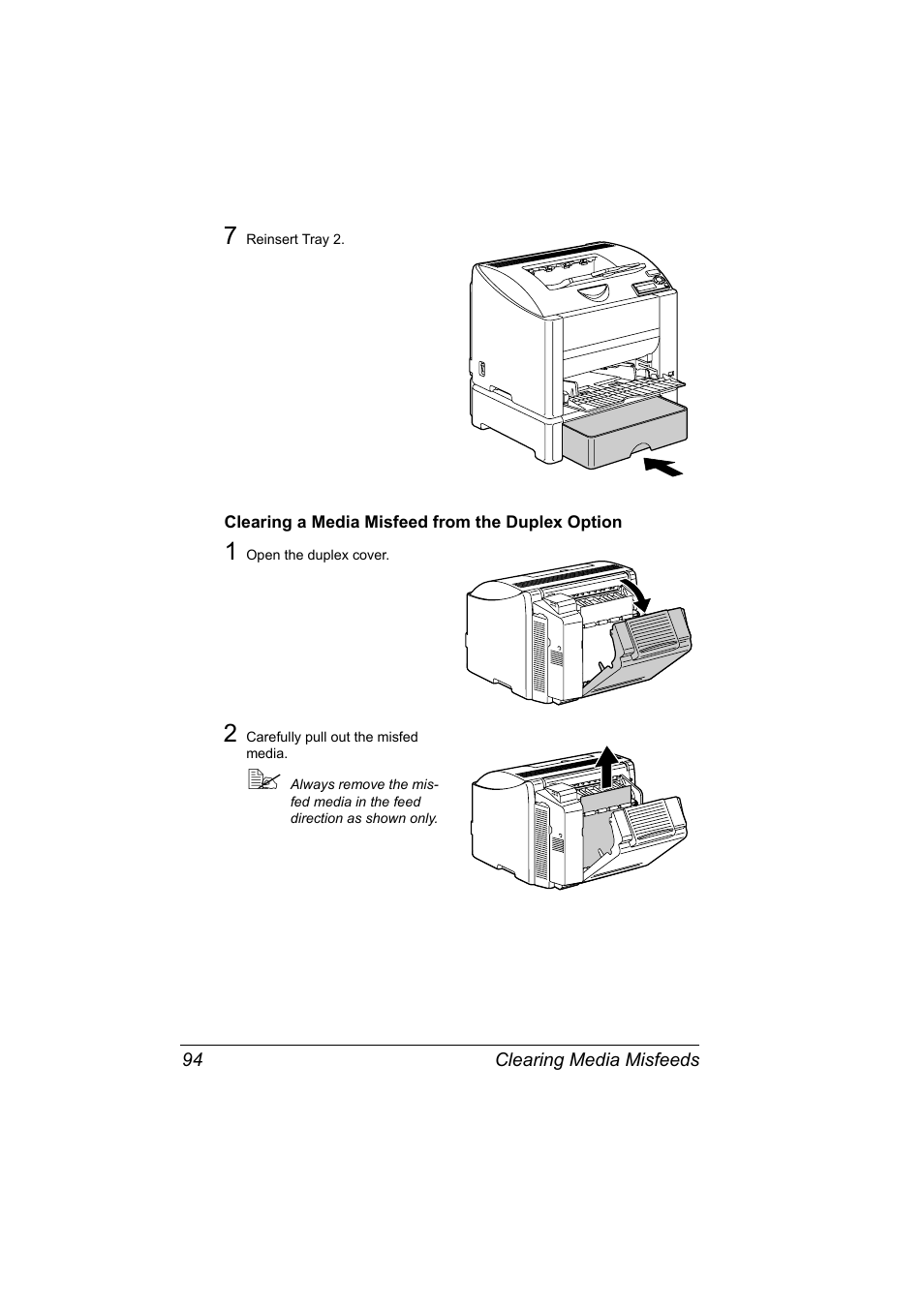 Clearing a media misfeed from the duplex option, Clearing a media misfeed from the duplex option 94 | Konica Minolta Magicolor 2430DL User Manual | Page 102 / 144
