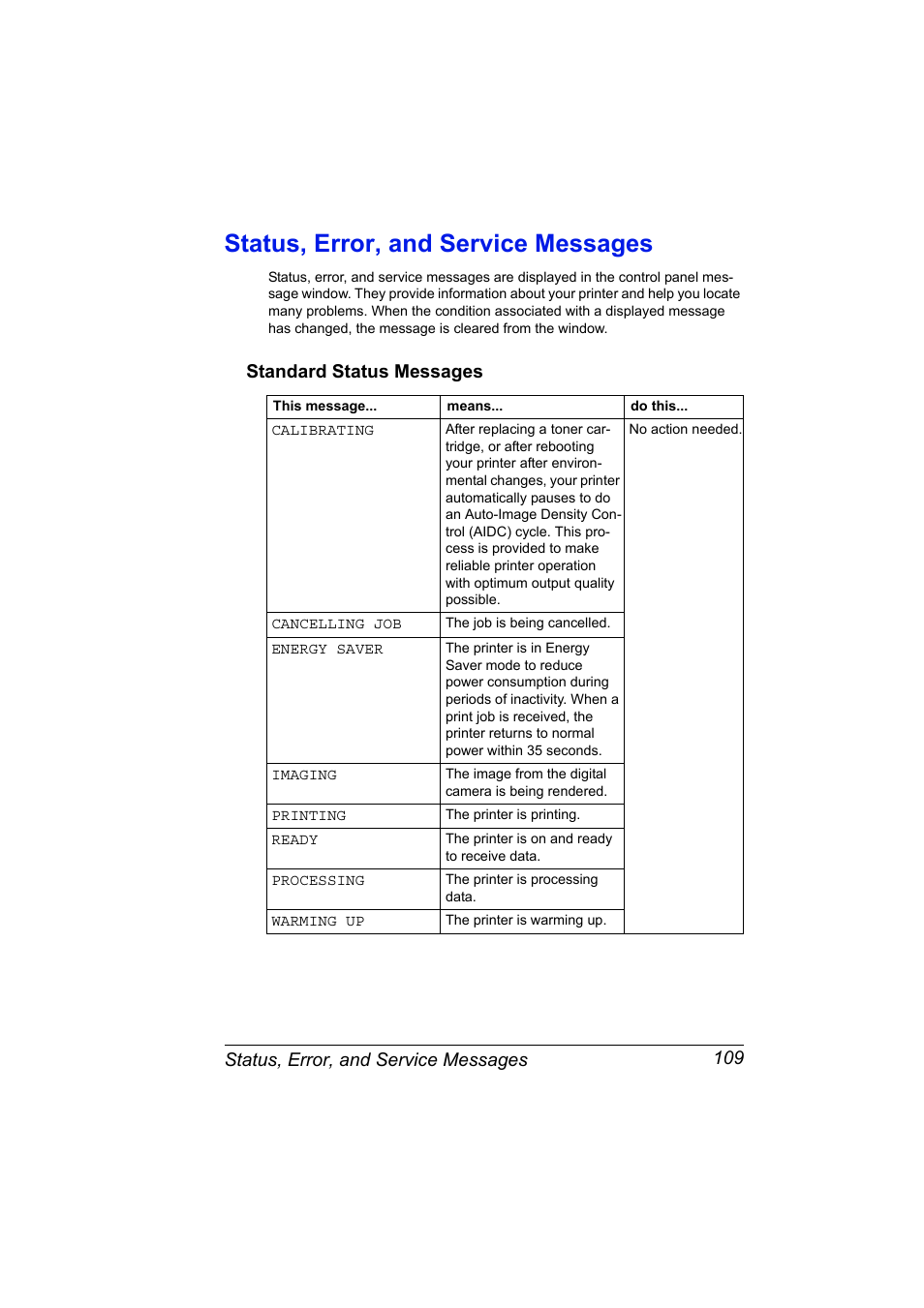 Status, error, and service messages, Standard status messages, Status, error, and service messages 109 | Standard status messages 109 | Konica Minolta Magicolor 2430DL User Manual | Page 117 / 144