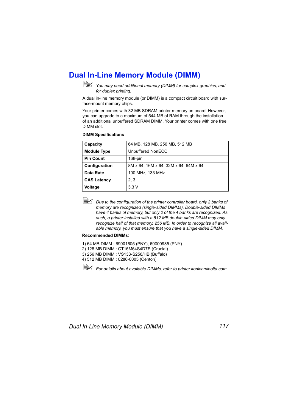 Dual in-line memory module (dimm), Dual in-line memory module (dimm) 117 | Konica Minolta Magicolor 2430DL User Manual | Page 125 / 144