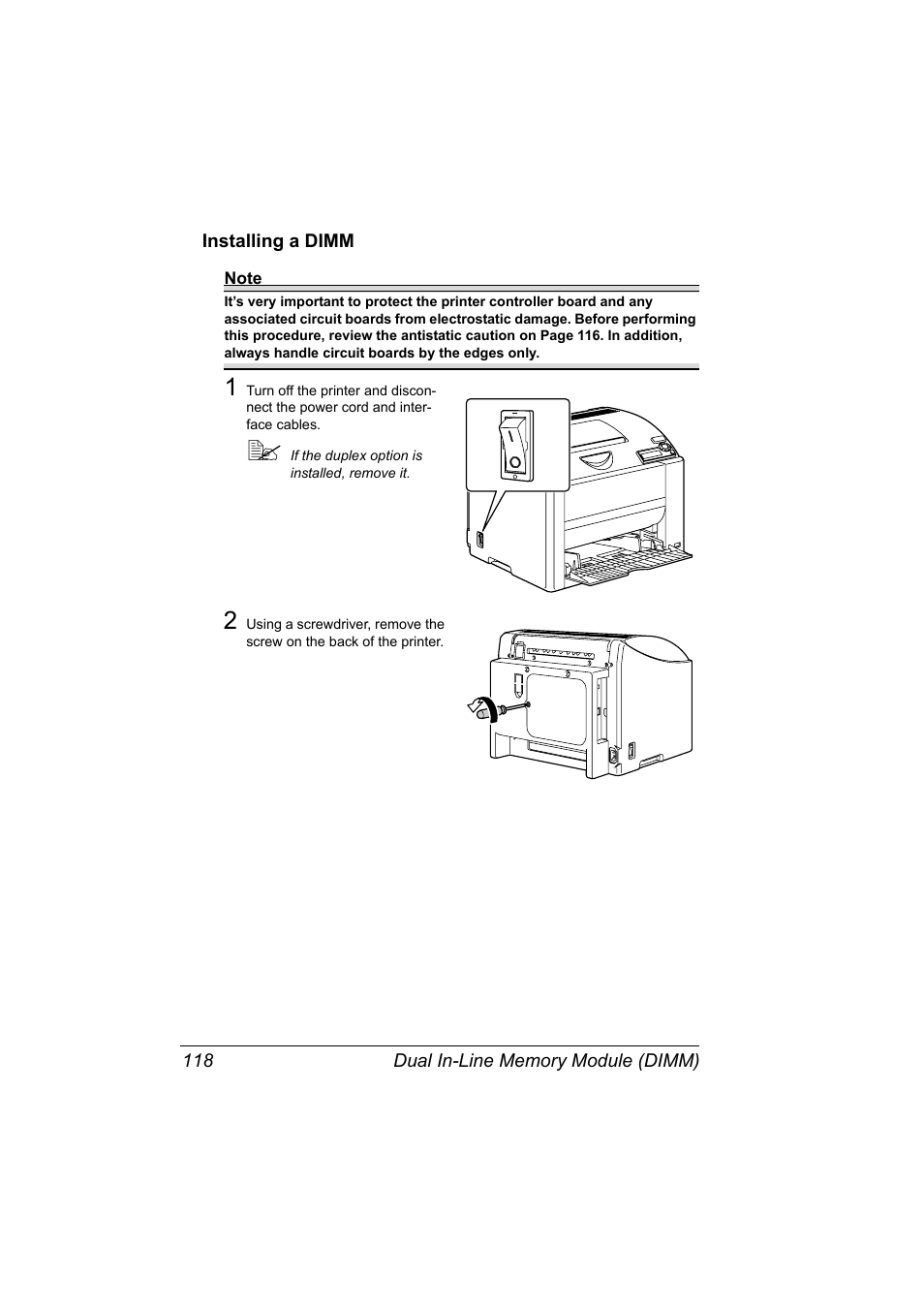 Installing a dimm, Installing a dimm 118 | Konica Minolta Magicolor 2430DL User Manual | Page 126 / 144