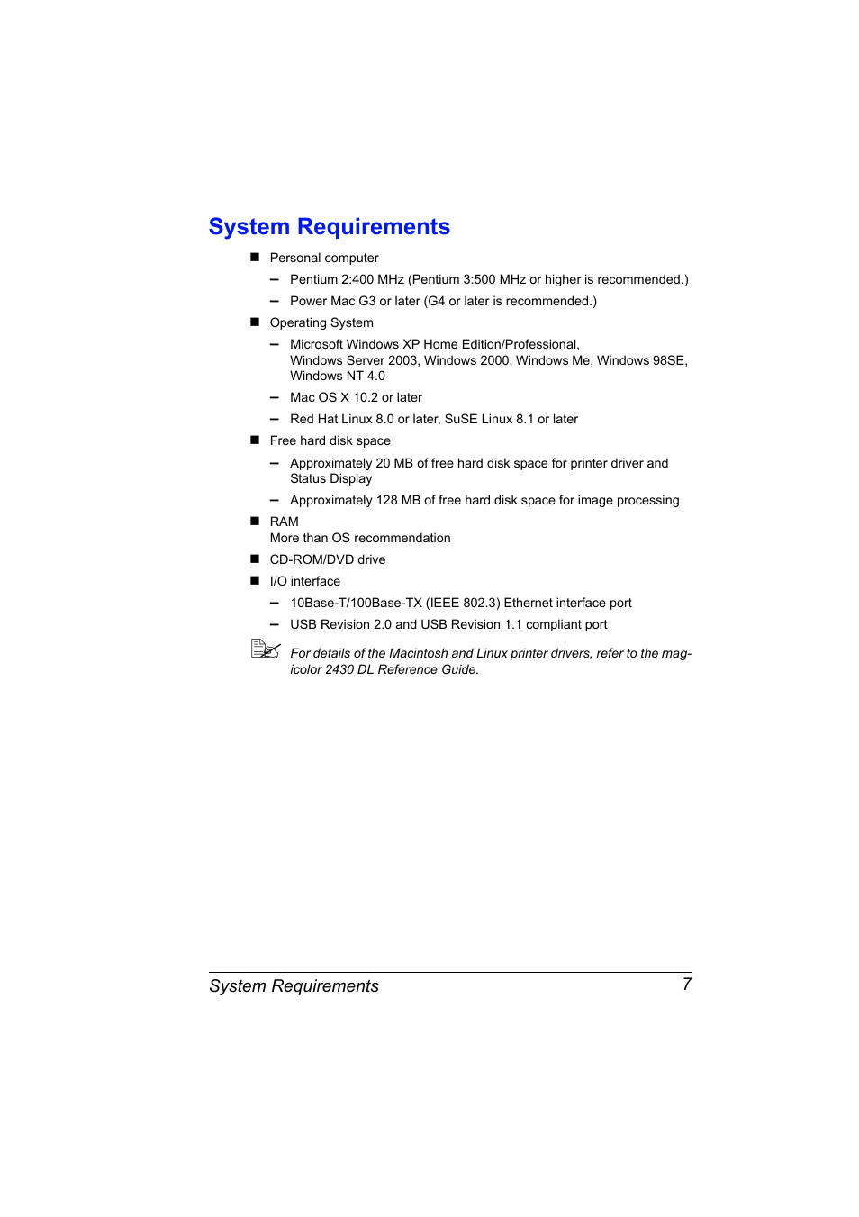 System requirements, System requirements 7 | Konica Minolta Magicolor 2430DL User Manual | Page 15 / 144