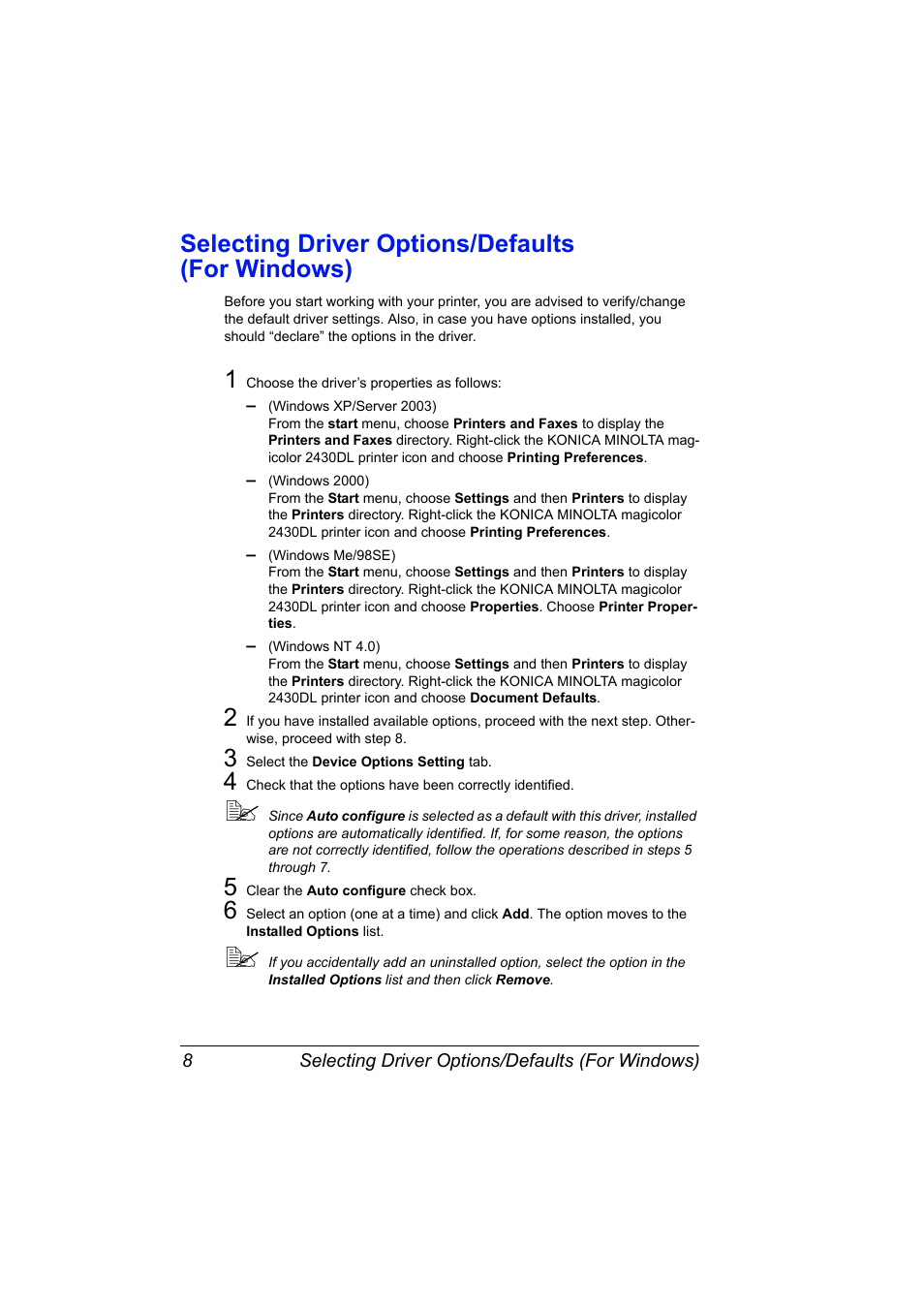 Selecting driver options/defaults (for windows), Selecting driver options/defaults, For windows) 8 | Konica Minolta Magicolor 2430DL User Manual | Page 16 / 144