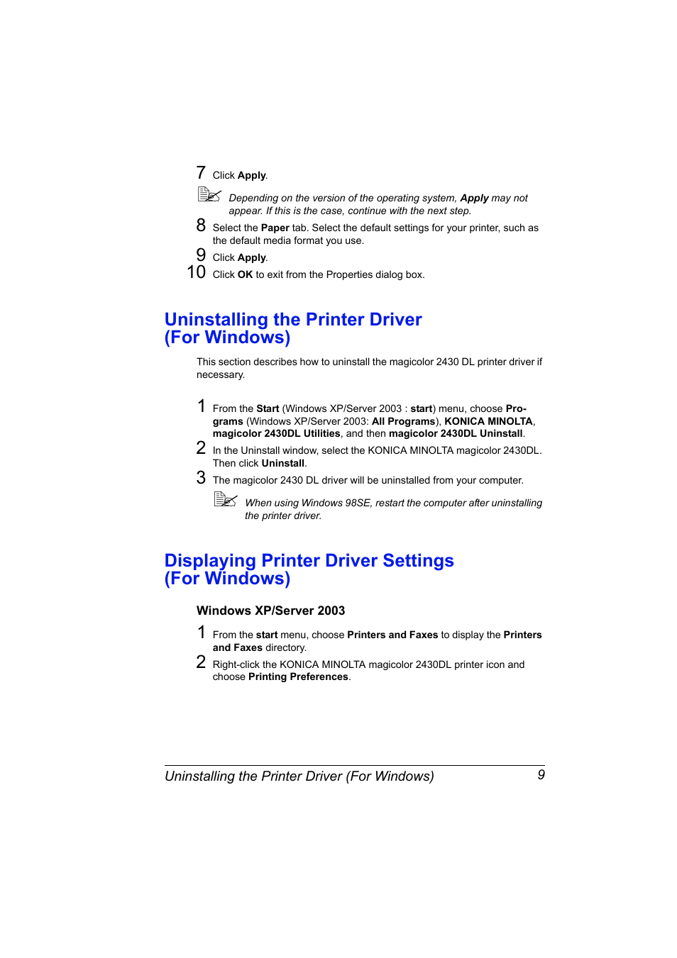 Uninstalling the printer driver (for windows), Displaying printer driver settings (for windows), Windows xp/server 2003 | Uninstalling the printer driver, For windows) 9, Displaying printer driver settings, Windows xp/server 2003 9 | Konica Minolta Magicolor 2430DL User Manual | Page 17 / 144