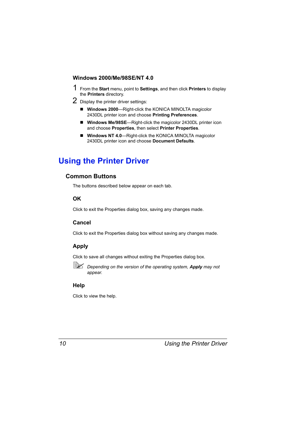Windows 2000/me/98se/nt 4.0, Using the printer driver, Common buttons | Cancel, Apply, Help, Windows 2000/me/98se/nt 4.0 10, Using the printer driver 10, Common buttons 10, Ok 10 cancel 10 apply 10 help 10 | Konica Minolta Magicolor 2430DL User Manual | Page 18 / 144