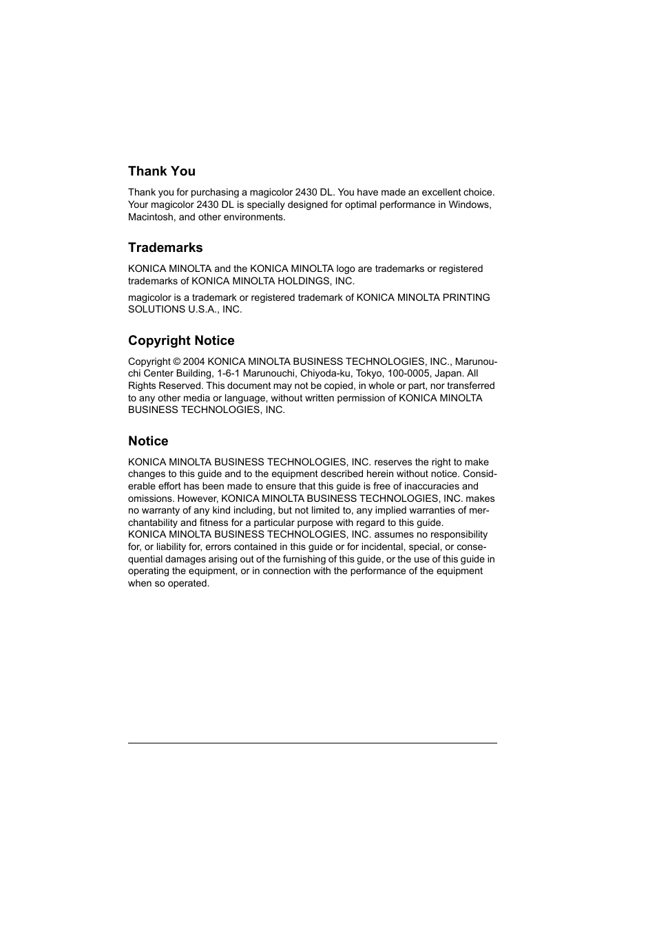 Thank you, Trademarks, Copyright notice | Notice | Konica Minolta Magicolor 2430DL User Manual | Page 2 / 144