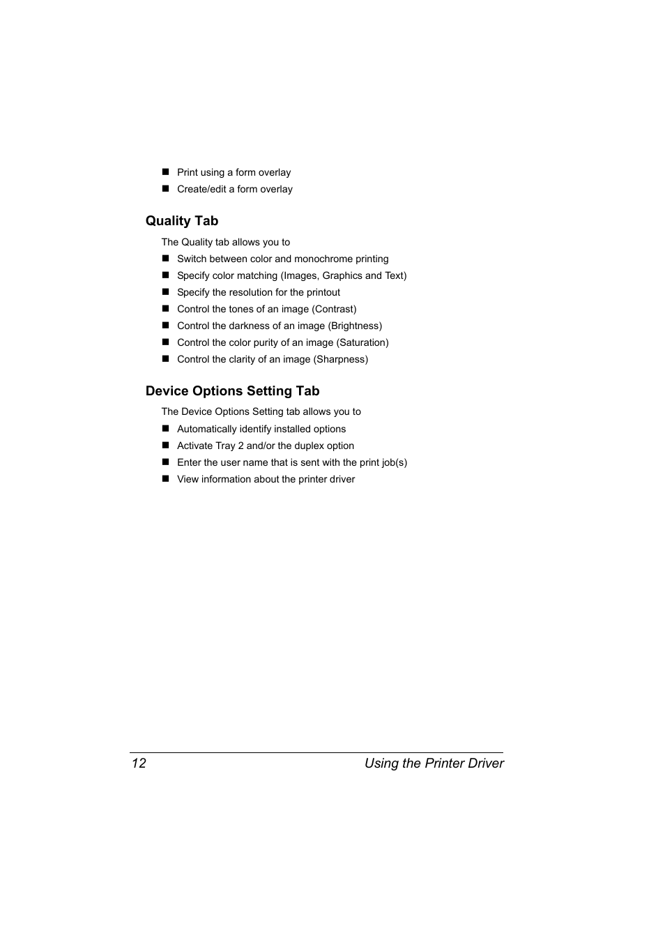 Quality tab, Device options setting tab, Quality tab 12 device options setting tab 12 | Using the printer driver 12 | Konica Minolta Magicolor 2430DL User Manual | Page 20 / 144