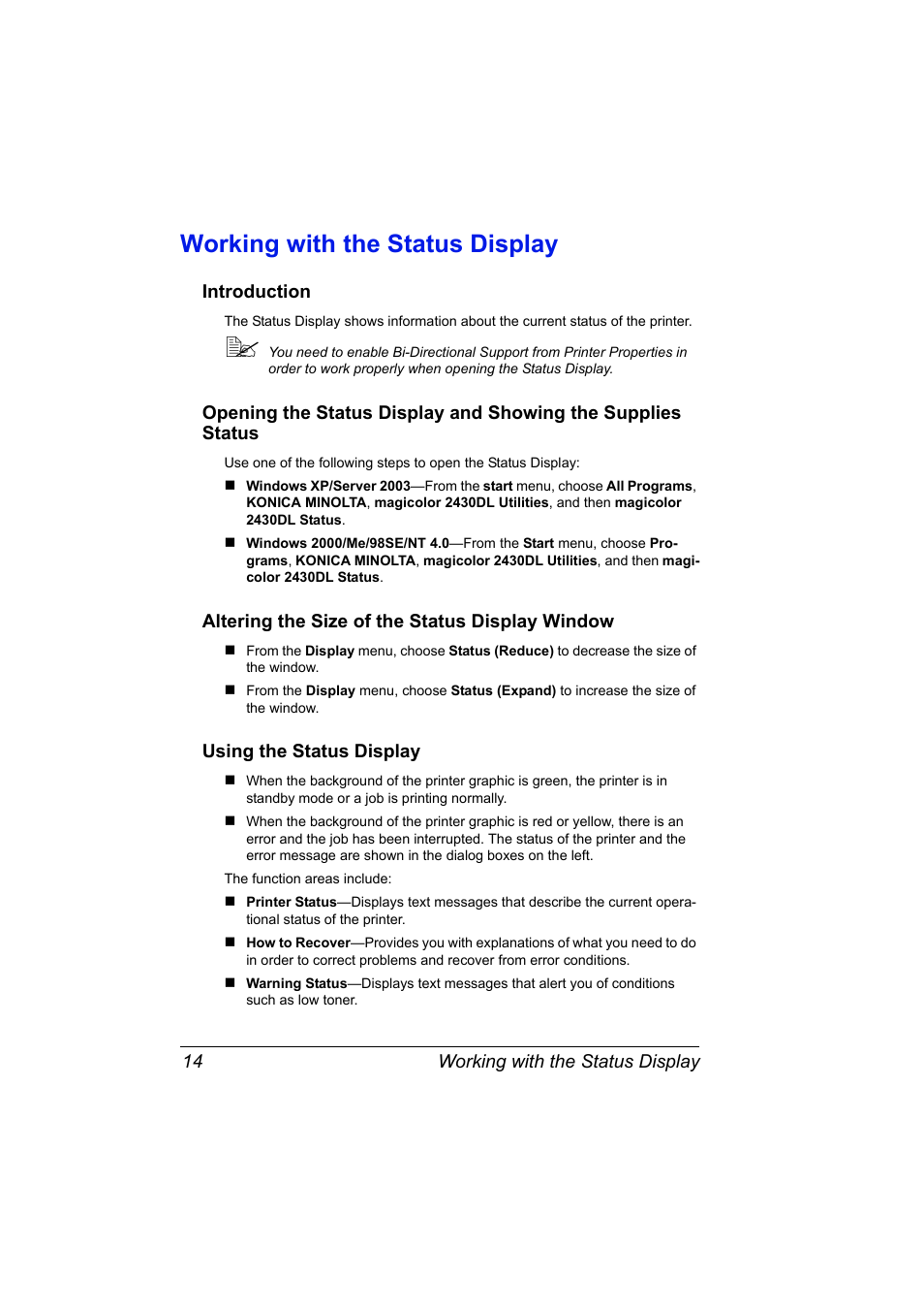 Working with the status display, Introduction, Altering the size of the status display window | Using the status display, Working with the status display 14 | Konica Minolta Magicolor 2430DL User Manual | Page 22 / 144