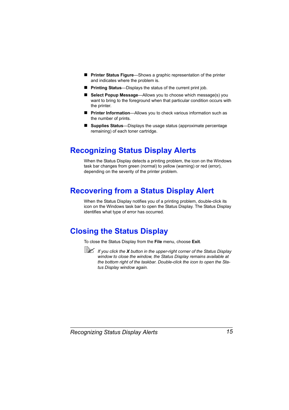 Recognizing status display alerts, Recovering from a status display alert, Closing the status display | Konica Minolta Magicolor 2430DL User Manual | Page 23 / 144