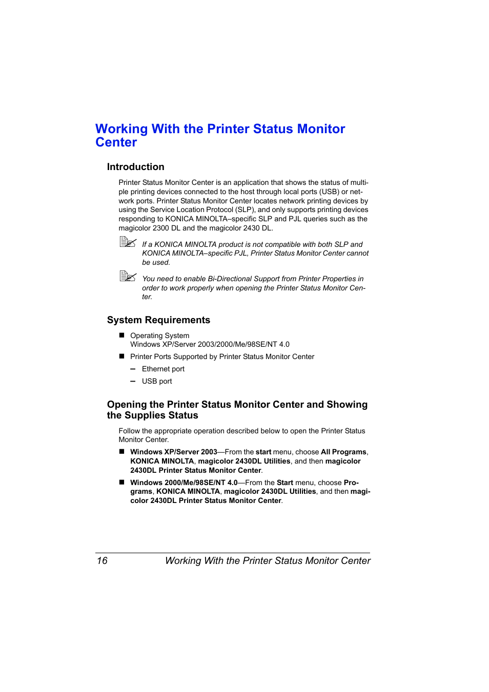 Working with the printer status monitor center, Introduction, System requirements | Working with the printer status monitor center 16 | Konica Minolta Magicolor 2430DL User Manual | Page 24 / 144