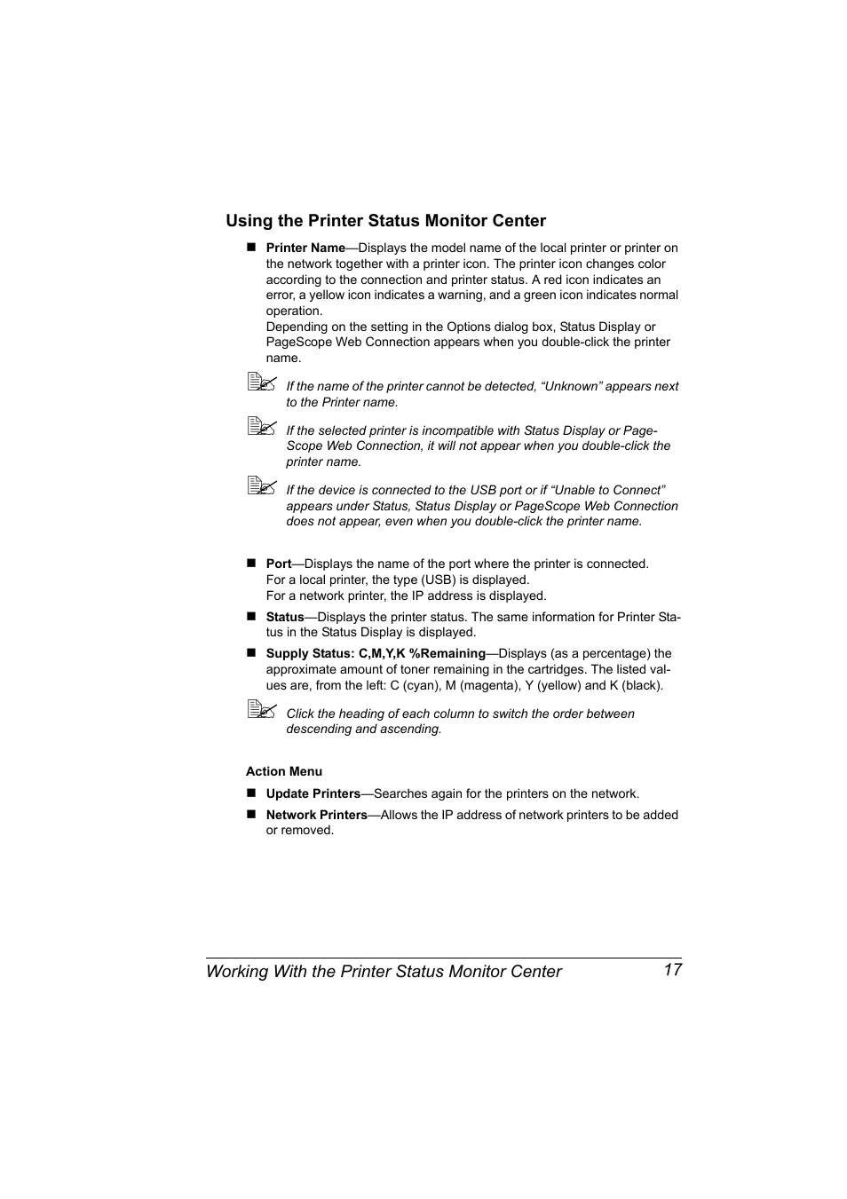 Using the printer status monitor center, Using the printer status monitor center 17 | Konica Minolta Magicolor 2430DL User Manual | Page 25 / 144