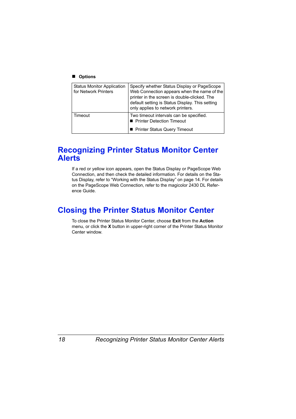 Recognizing printer status monitor center alerts, Closing the printer status monitor center | Konica Minolta Magicolor 2430DL User Manual | Page 26 / 144