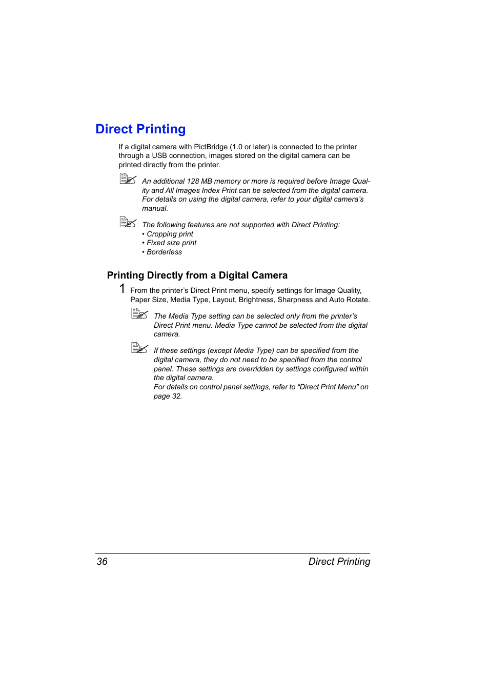 Direct printing, Printing directly from a digital camera, Direct printing 36 | Printing directly from a digital camera 36 | Konica Minolta Magicolor 2430DL User Manual | Page 44 / 144