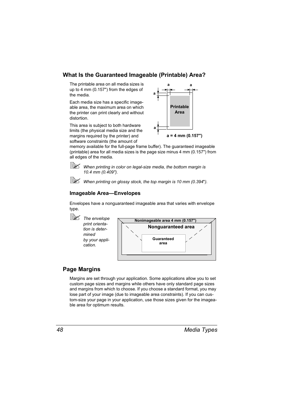 What is the guaranteed imageable (printable) area, Imageable area-envelopes, Imageable area—envelopes 48 | Konica Minolta Magicolor 2430DL User Manual | Page 56 / 144
