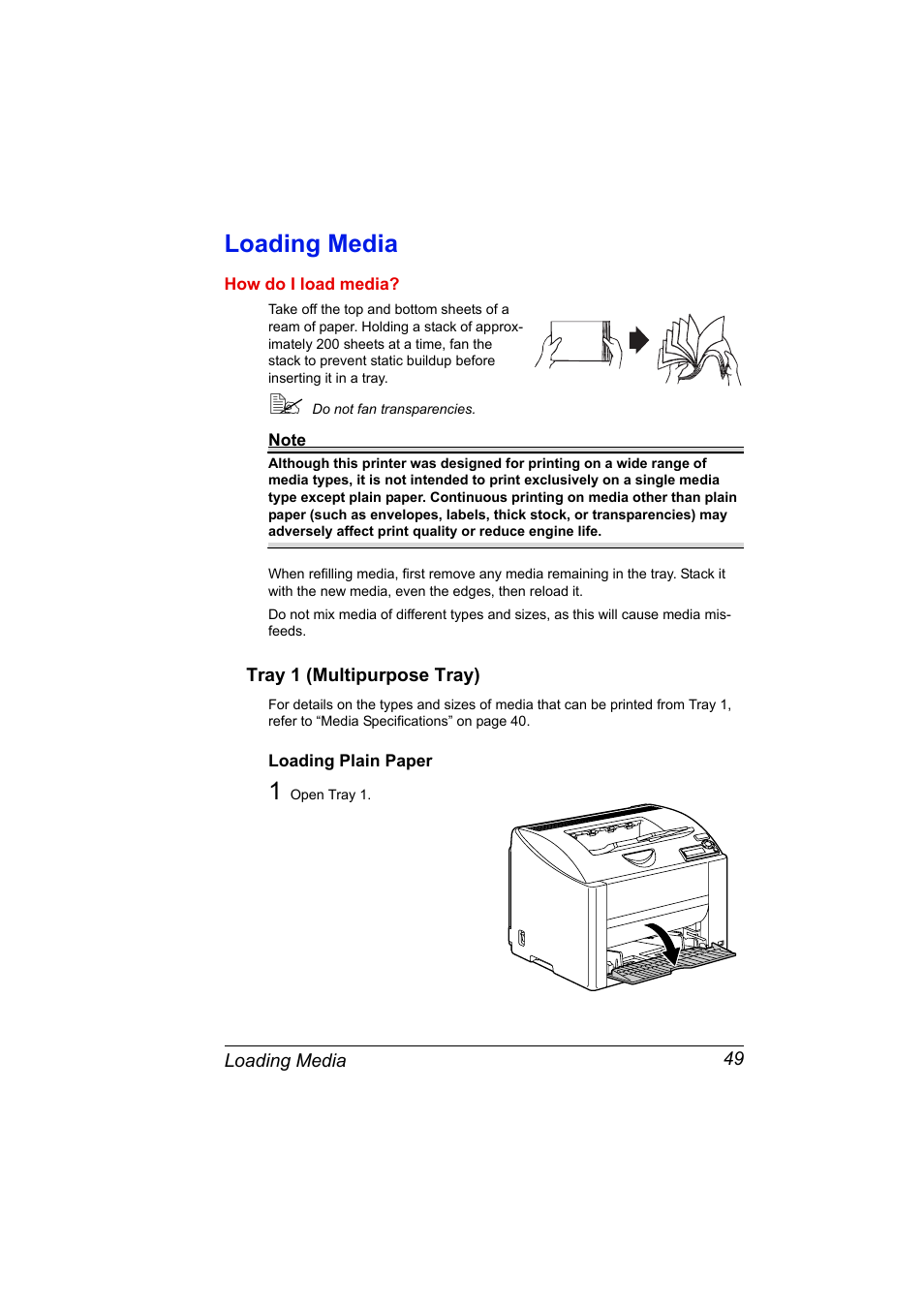Loading media, Tray 1 (multipurpose tray), Loading plain paper | Loading media 49, Tray 1 (multipurpose tray) 49, Loading plain paper 49 | Konica Minolta Magicolor 2430DL User Manual | Page 57 / 144