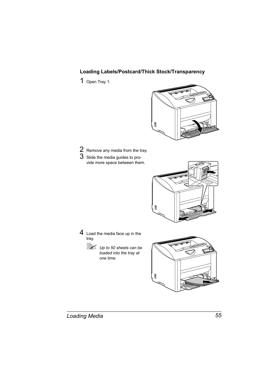 Loading labels/postcard/thick stock/transparency | Konica Minolta Magicolor 2430DL User Manual | Page 63 / 144