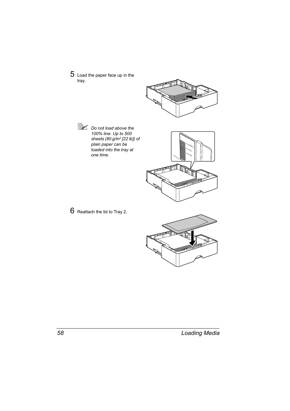 Loading media 58 | Konica Minolta Magicolor 2430DL User Manual | Page 66 / 144