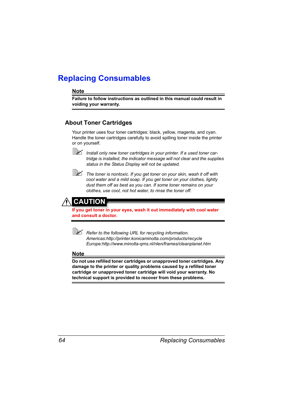 Replacing consumables, About toner cartridges, Replacing consumables 64 | About toner cartridges 64, Caution | Konica Minolta Magicolor 2430DL User Manual | Page 72 / 144