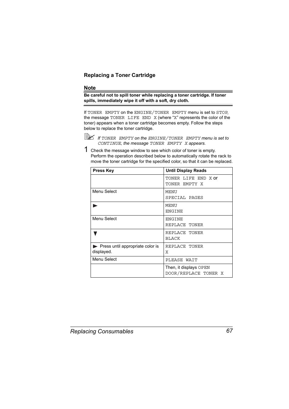Replacing a toner cartridge, Replacing a toner cartridge 67, Replacing consumables 67 | Konica Minolta Magicolor 2430DL User Manual | Page 75 / 144