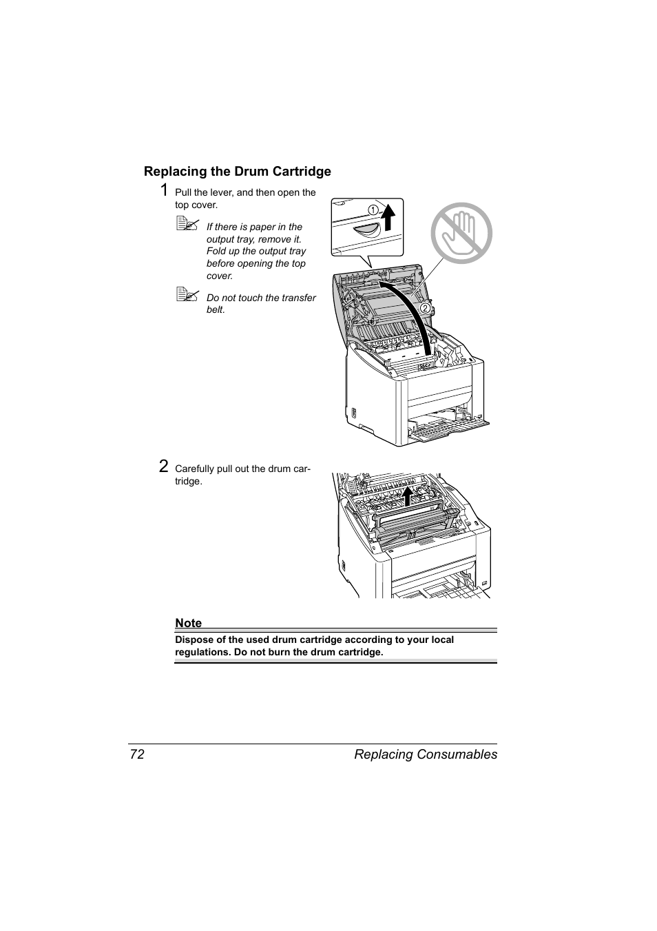 Replacing the drum cartridge, Replacing the drum cartridge 72 | Konica Minolta Magicolor 2430DL User Manual | Page 80 / 144