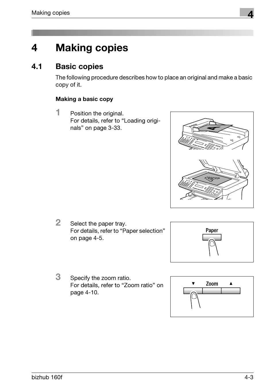 4 making copies, 1 basic copies, Making a basic copy | Making copies, Basic copies -3, Making a basic copy -3, P. 4-3), 4making copies | Konica Minolta bizhub 160f User Manual | Page 101 / 302