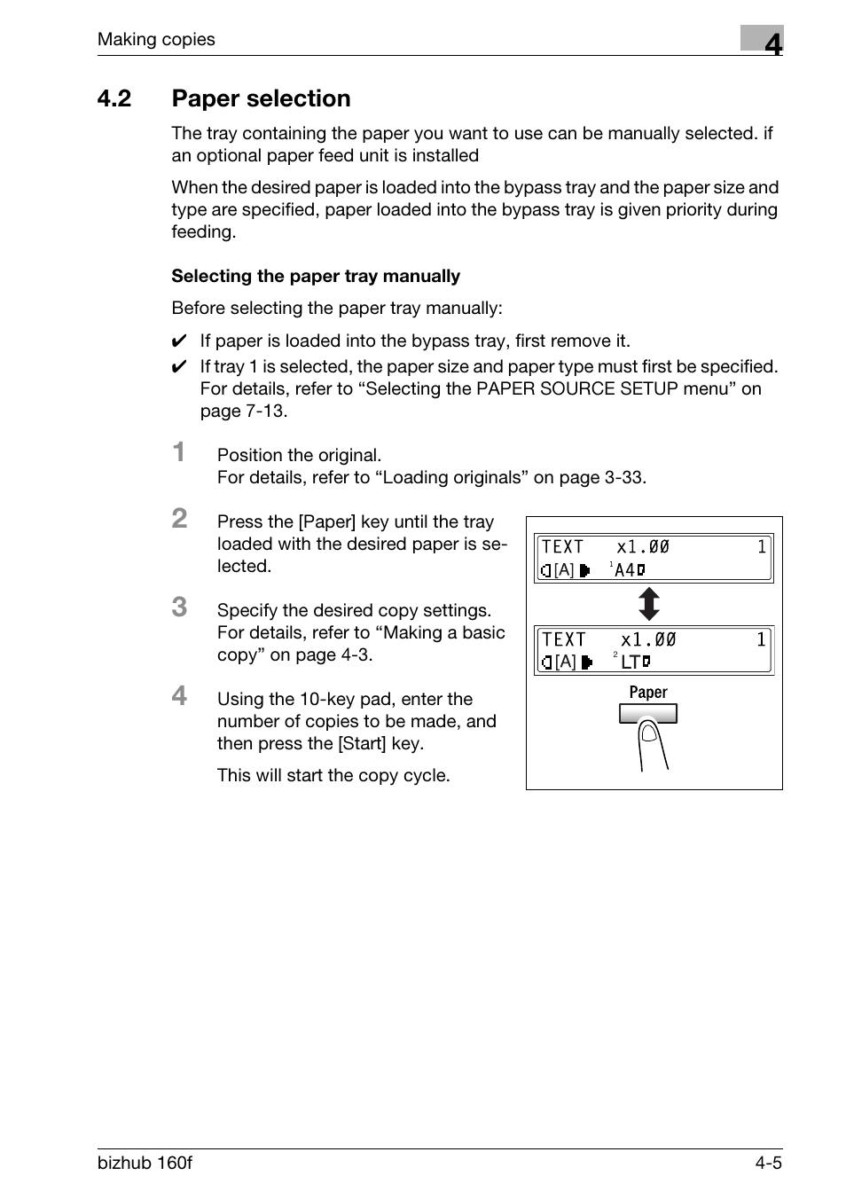 2 paper selection, Selecting the paper tray manually, Paper selection -5 | Selecting the paper tray manually -5 | Konica Minolta bizhub 160f User Manual | Page 103 / 302