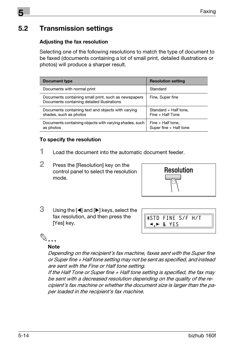 2 transmission settings, Adjusting the fax resolution, To specify the resolution | Transmission settings -14 | Konica Minolta bizhub 160f User Manual | Page 128 / 302