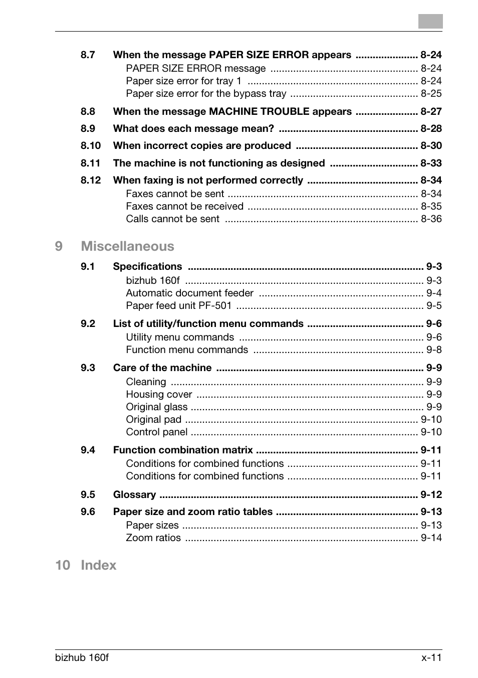 9miscellaneous, 10 index | Konica Minolta bizhub 160f User Manual | Page 13 / 302