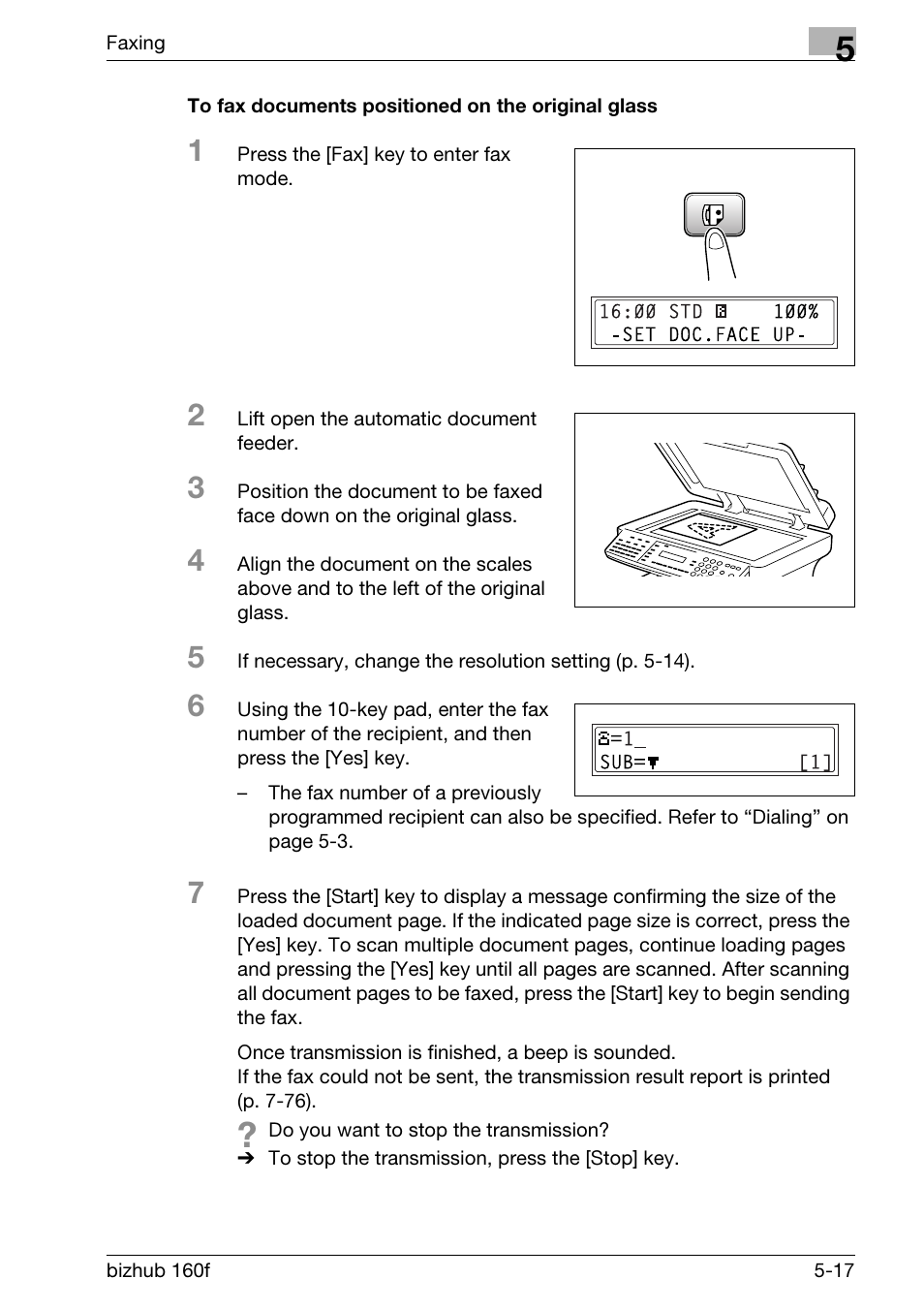 To fax documents positioned on the original glass | Konica Minolta bizhub 160f User Manual | Page 131 / 302