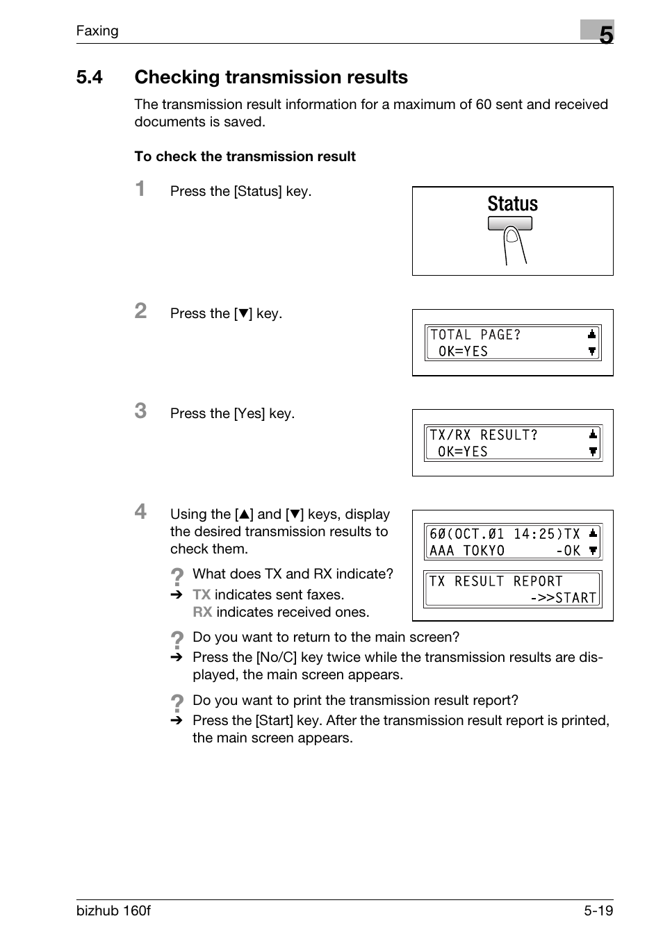 4 checking transmission results, To check the transmission result, Checking transmission results -19 | To check the transmission result -19 | Konica Minolta bizhub 160f User Manual | Page 133 / 302