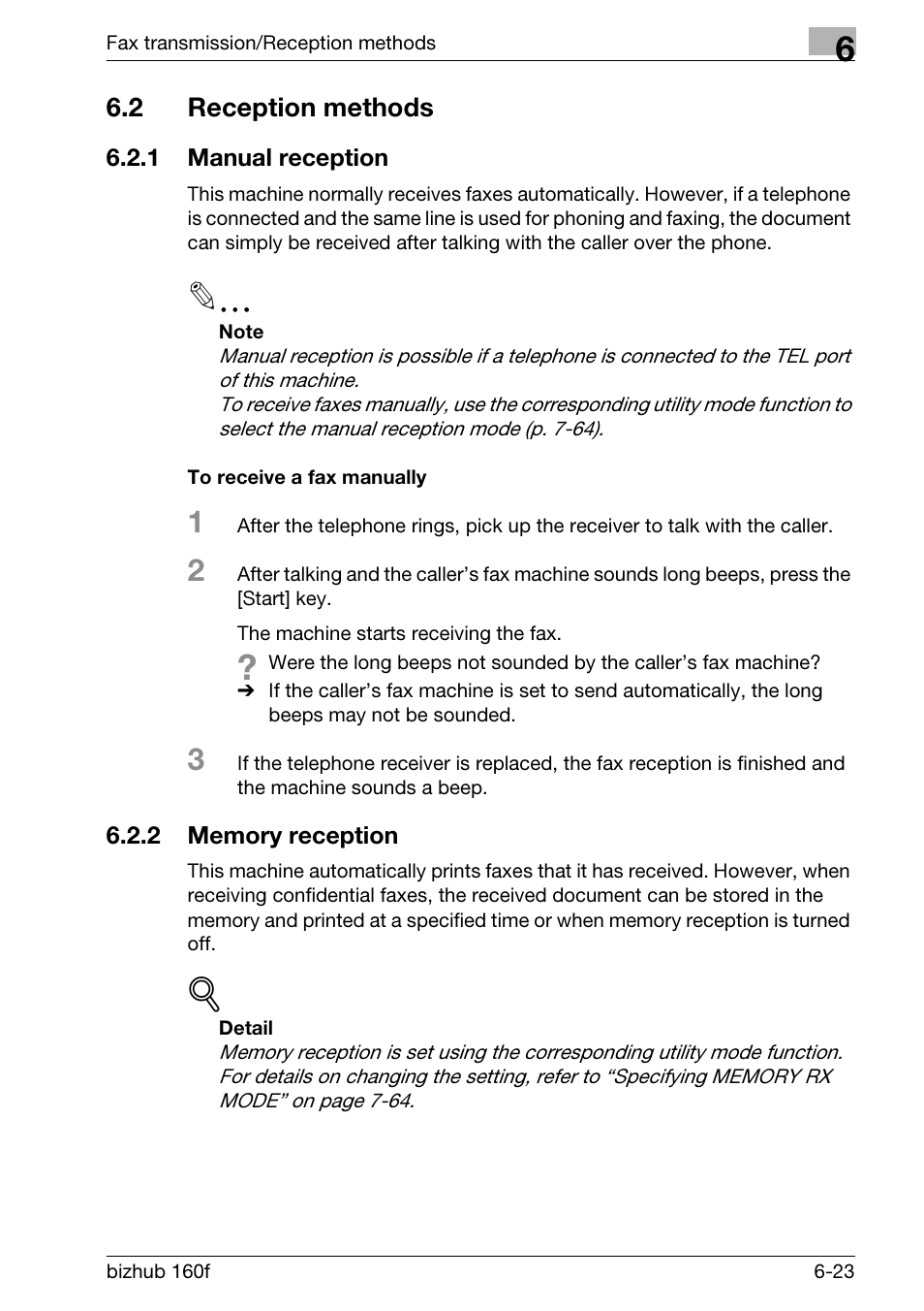 2 reception methods, 1 manual reception, To receive a fax manually | 2 memory reception, Reception methods -23, Manual reception -23 to receive a fax manually -23, Memory reception -23 | Konica Minolta bizhub 160f User Manual | Page 157 / 302