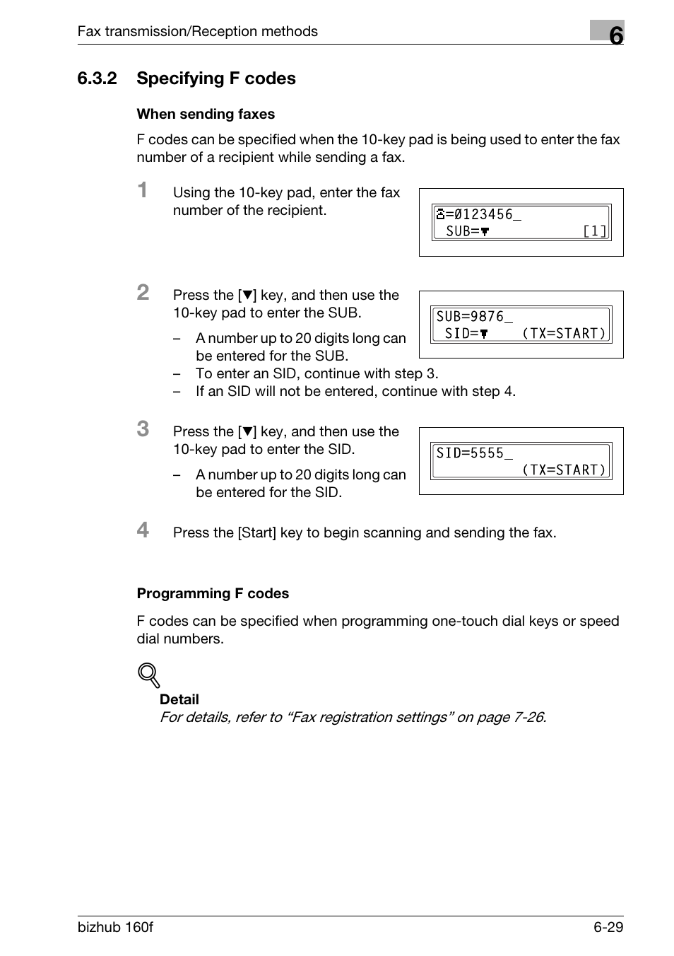 2 specifying f codes, When sending faxes, Programming f codes | Konica Minolta bizhub 160f User Manual | Page 163 / 302