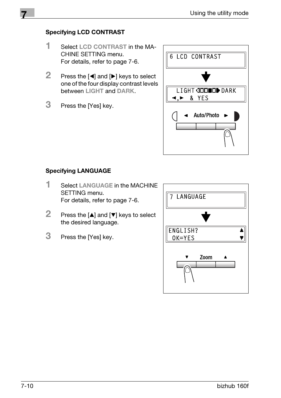 Specifying lcd contrast, Specifying language | Konica Minolta bizhub 160f User Manual | Page 174 / 302