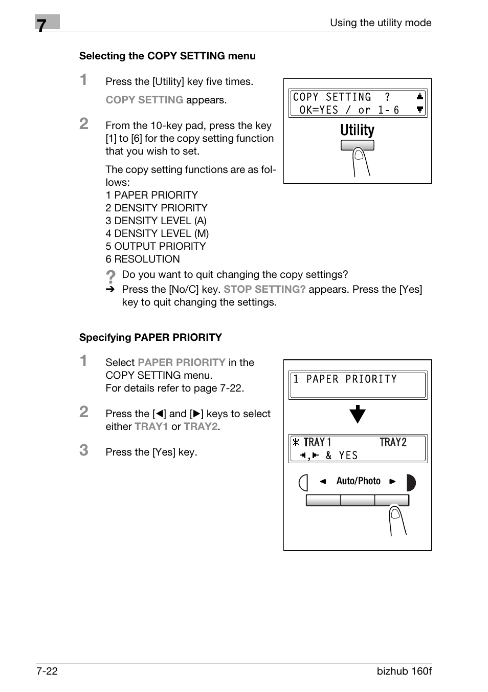 Selecting the copy setting menu, Specifying paper priority | Konica Minolta bizhub 160f User Manual | Page 186 / 302