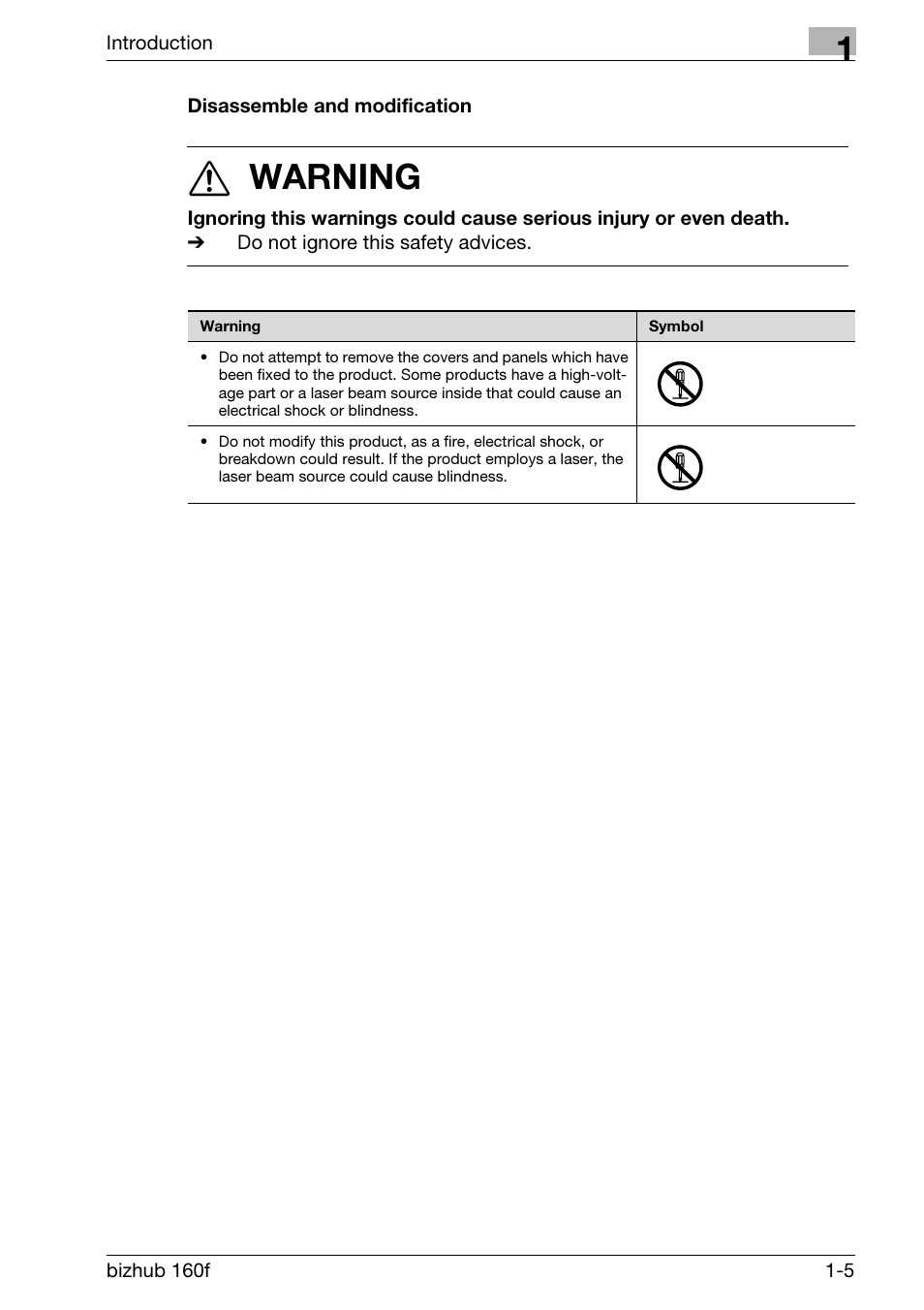 Disassemble and modification, Disassemble and modification -5, 7 warning | Konica Minolta bizhub 160f User Manual | Page 19 / 302