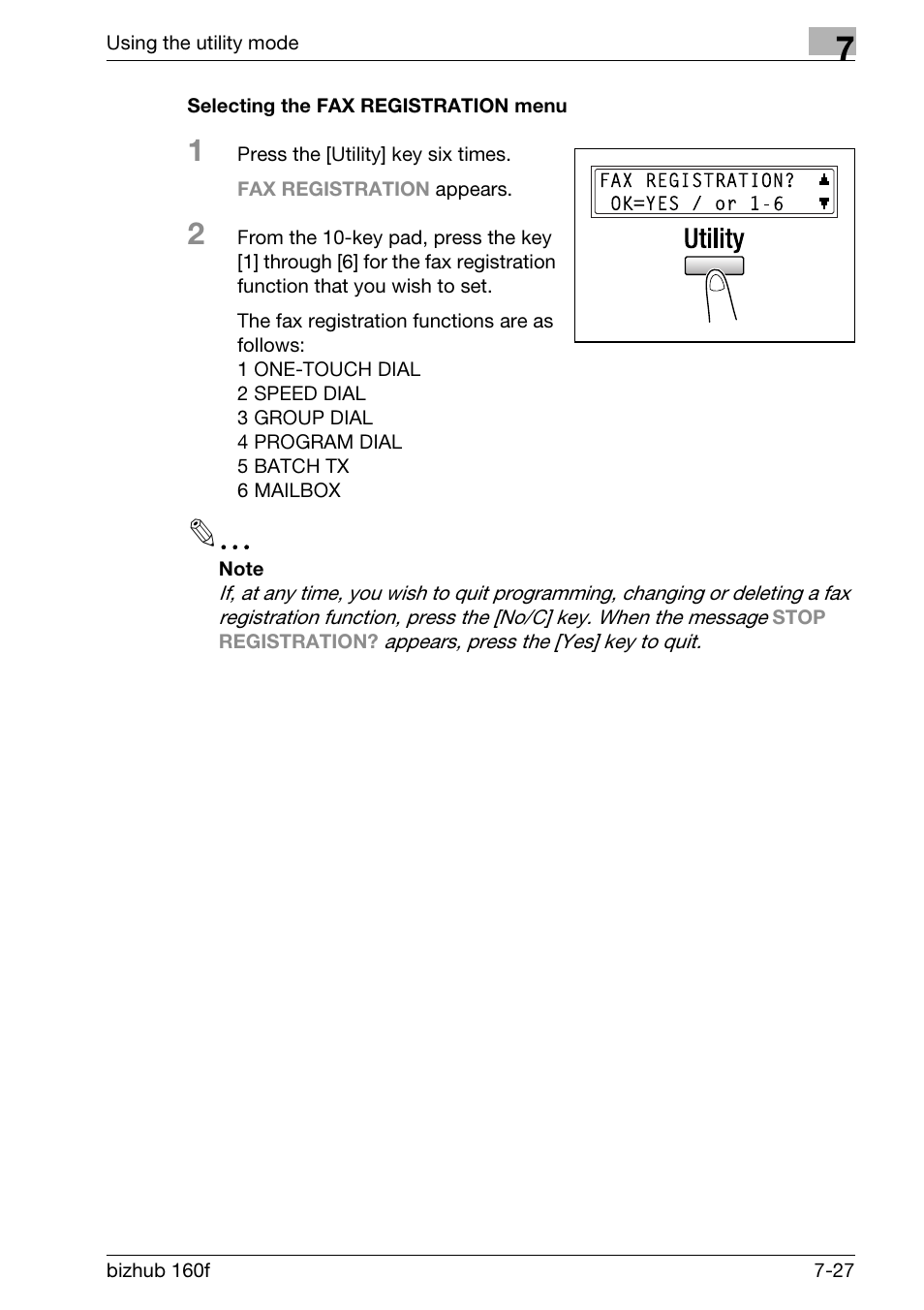 Selecting the fax registration menu, Selecting the fax registration menu -27 | Konica Minolta bizhub 160f User Manual | Page 191 / 302