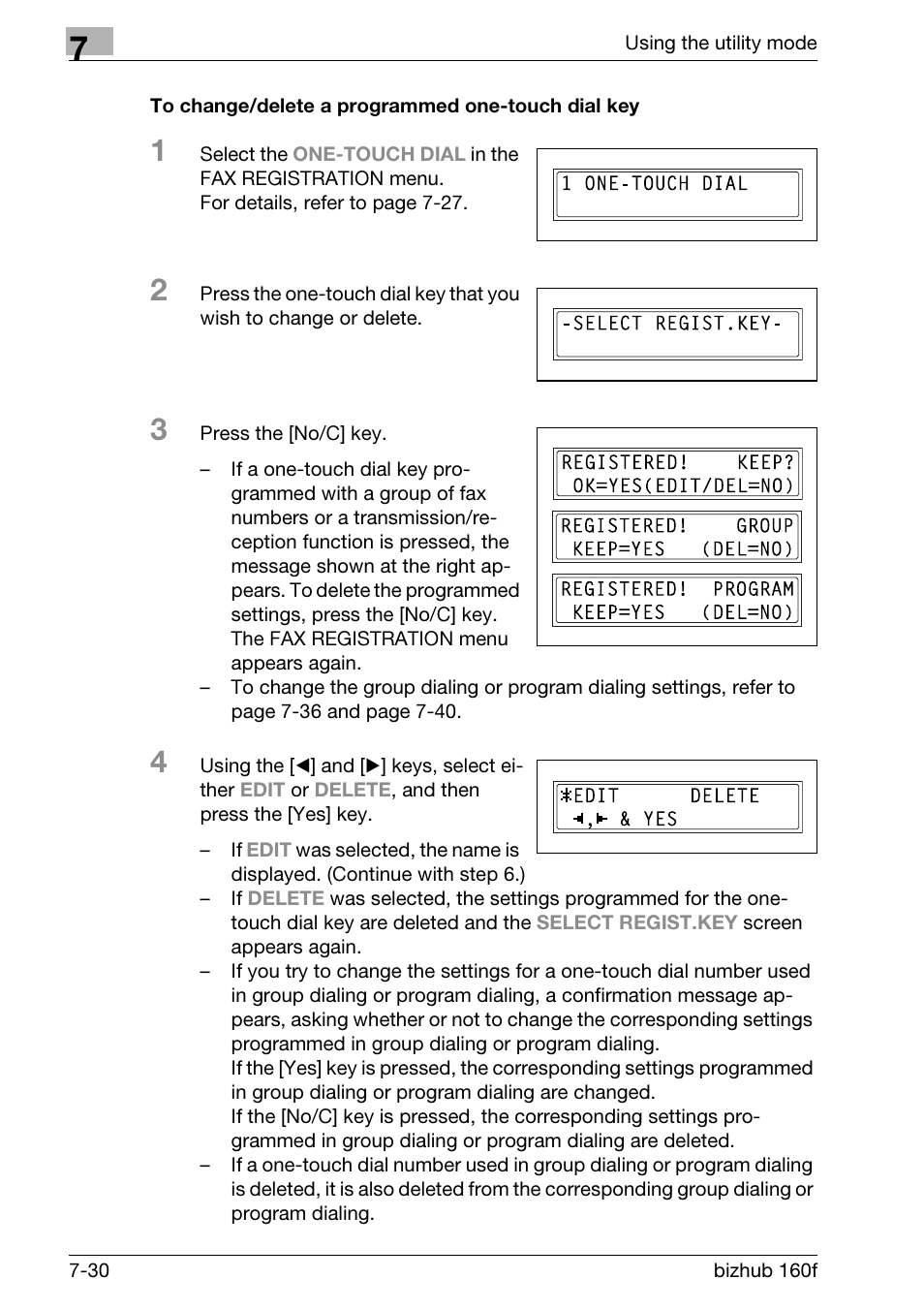 To change/delete a programmed one-touch dial key | Konica Minolta bizhub 160f User Manual | Page 194 / 302