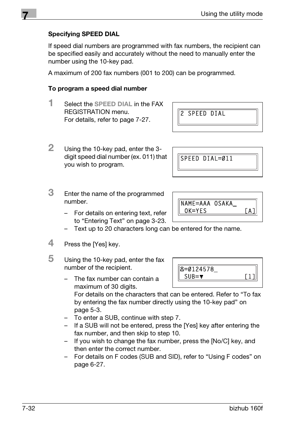 Specifying speed dial, To program a speed dial number | Konica Minolta bizhub 160f User Manual | Page 196 / 302