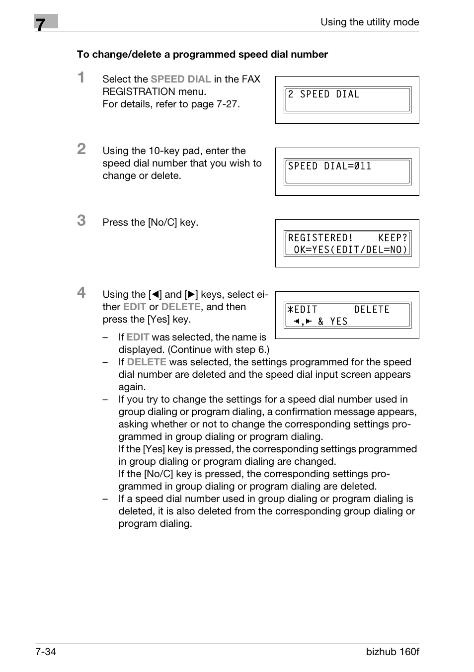 To change/delete a programmed speed dial number | Konica Minolta bizhub 160f User Manual | Page 198 / 302