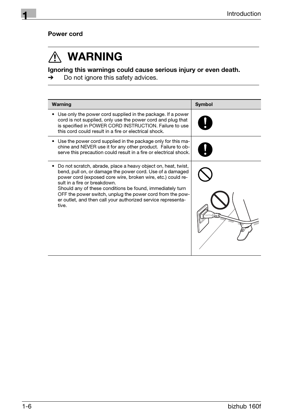 Power cord, Power cord -6, 7 warning | Konica Minolta bizhub 160f User Manual | Page 20 / 302