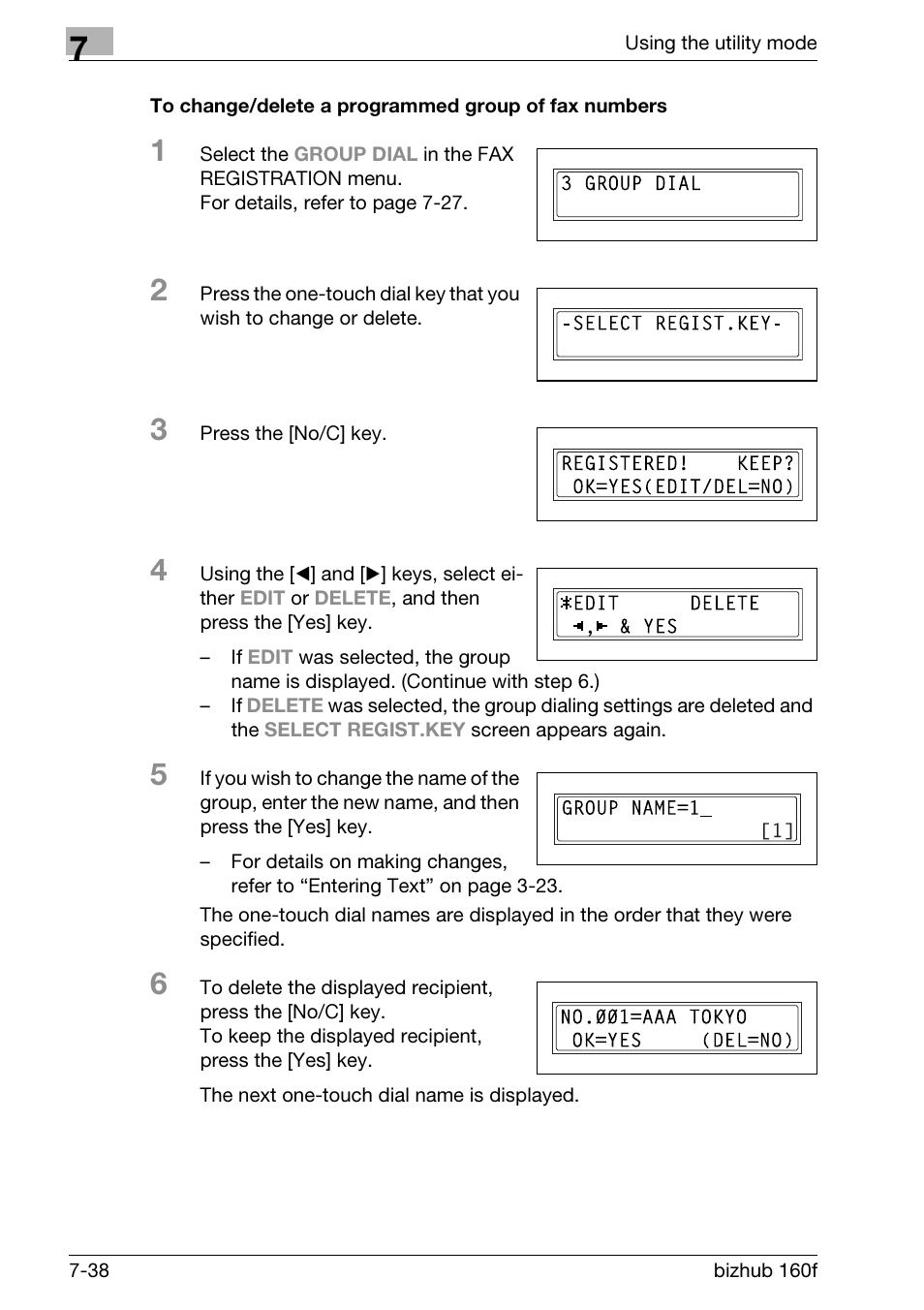 To change/delete a programmed group of fax numbers | Konica Minolta bizhub 160f User Manual | Page 202 / 302