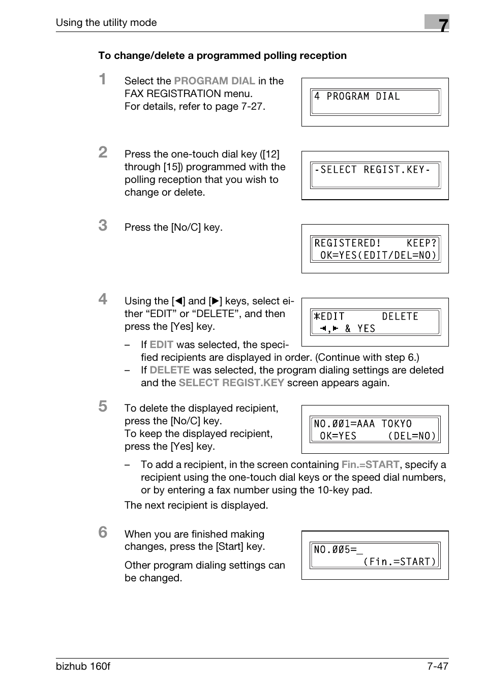 To change/delete a programmed polling reception | Konica Minolta bizhub 160f User Manual | Page 211 / 302