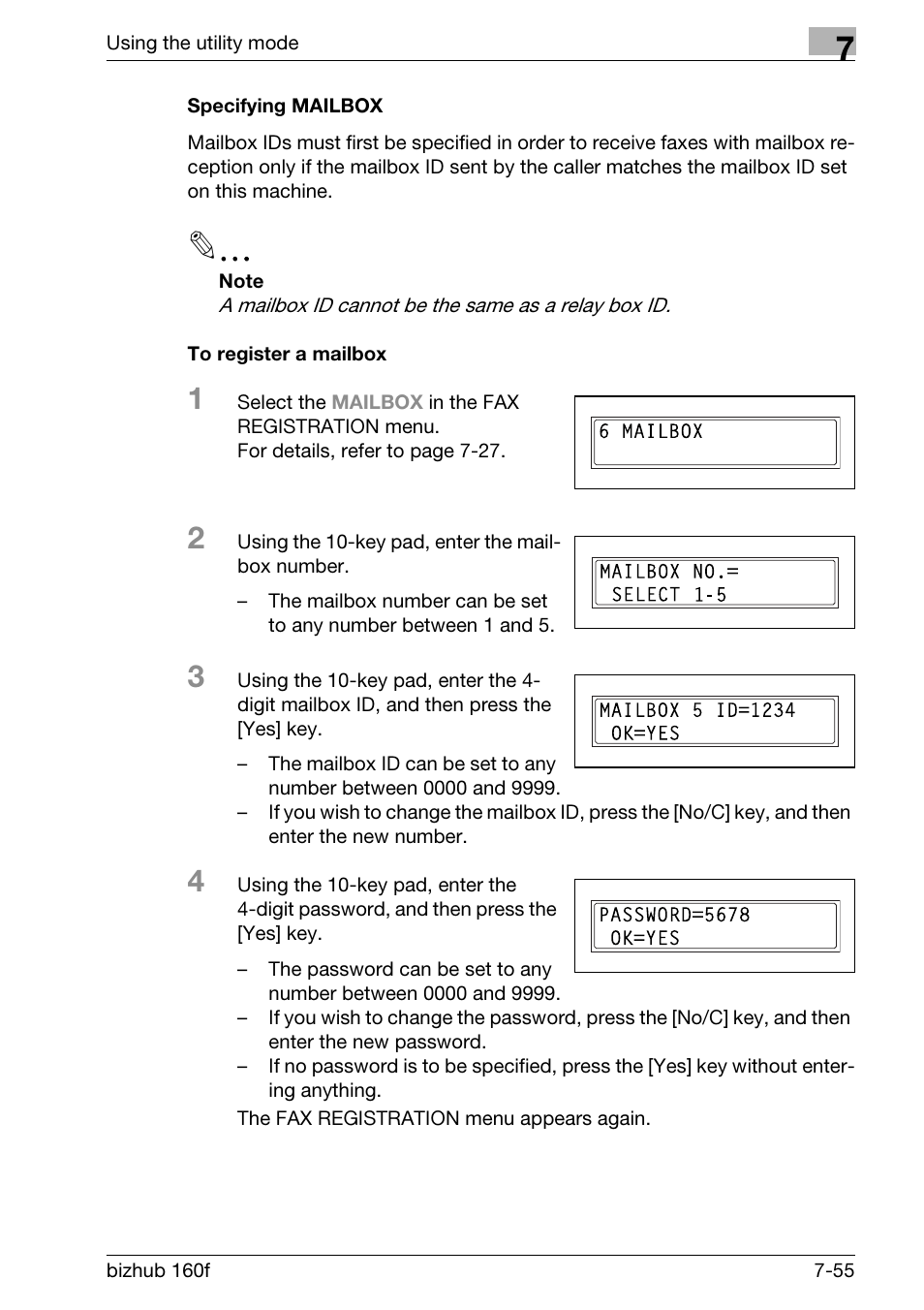 Specifying mailbox, To register a mailbox, Specifying mailbox -55 to register a mailbox -55 | Konica Minolta bizhub 160f User Manual | Page 219 / 302