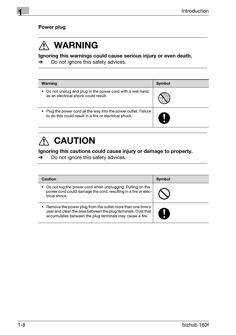 Power plug, Power plug -8, 7 warning | 7 caution | Konica Minolta bizhub 160f User Manual | Page 22 / 302