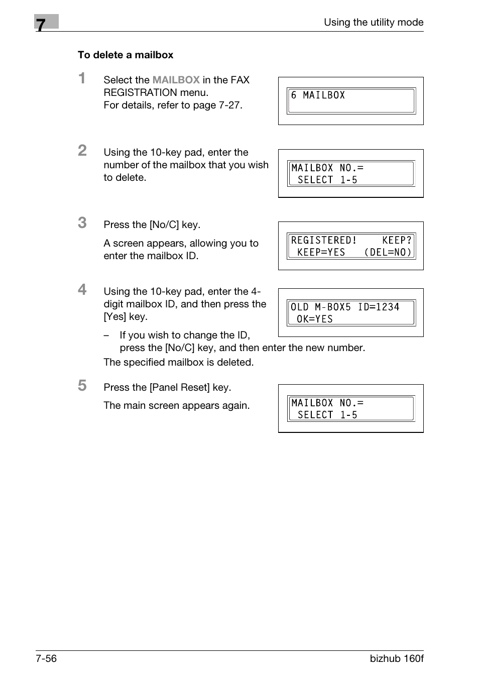 To delete a mailbox, To delete a mailbox -56 | Konica Minolta bizhub 160f User Manual | Page 220 / 302