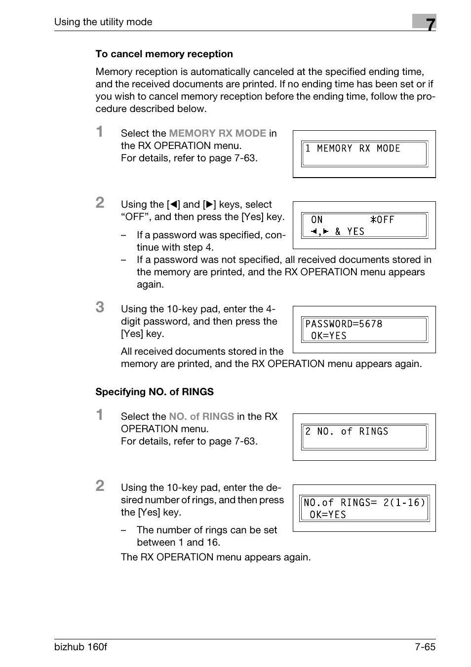 To cancel memory reception, Specifying no. of rings | Konica Minolta bizhub 160f User Manual | Page 229 / 302